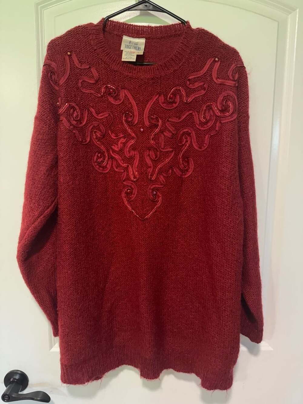 Vintage Wool Blend Holiday Sweater Embellished Tunic Deep Red Size L